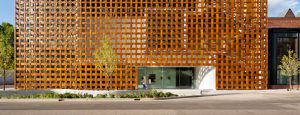 Exterior shot of Oversized insulated glass units for Aspen Art Museum's entrance.