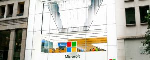 Close up, Street view of Microsoft's flagship store on 5th ave, Microsoft's Facade features oversize triple laminates.