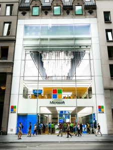 Street view of Microsoft's flagship store on 5th ave, Microsoft's Facade features oversize triple laminates.
