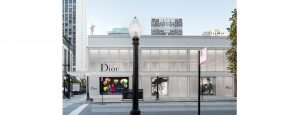 Exterior, street view of Dior flagship in Chicago, AGNORA fabricated Insulated Glass Units up to 146" in length, laminated, tempered, and digitally-printed.